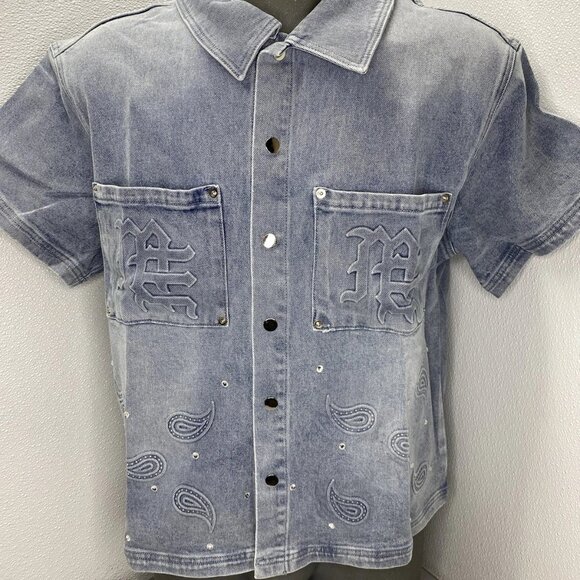 NEW MIXED EMOTION Paisley Denim Short-Sleeve Snap-Down Shirt – Blue – Size M - Picture 1 of 15